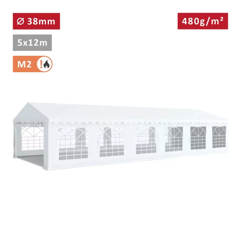 Tente de réception 5x12m avec tubes 38mm, bâche PVC 480g/m² blanche, ignifugée M2 – Idéale pour événements extérieurs