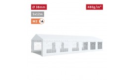 Tente de réception 5x12m avec tubes 38mm, bâche PVC 480g/m² blanche, ignifugée M2 – Idéale pour événements extérieurs