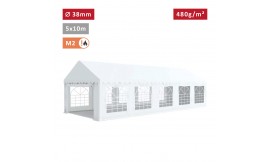 Tente de réception 5x10m avec tubes 38mm, bâche PVC 480g/m² blanche, ignifugée M2 – Idéale pour événements extérieurs