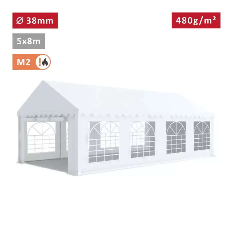 Tente de réception 5x8m avec tubes 38mm, bâche PVC 480g/m² blanche, ignifugée M2 – Idéale pour événements extérieurs