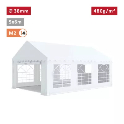 Tente de réception 5x6m avec tubes 38mm, bâche PVC 480g/m² blanche, ignifugée M2 – Idéale pour événements extérieurs