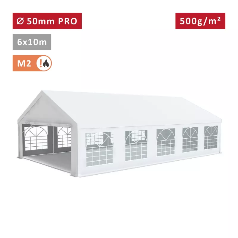 Tente de réception PRO 6x10m, PVC 500g/m², tubes 50mm, blanc ignifugé M2 – chapiteau résistant pour événements extérieurs