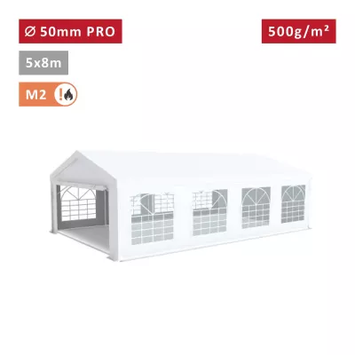 Tente de réception PRO 5x8m, PVC 500g/m², tubes 50mm, blanc ignifugé M2 – chapiteau résistant pour événements extérieurs