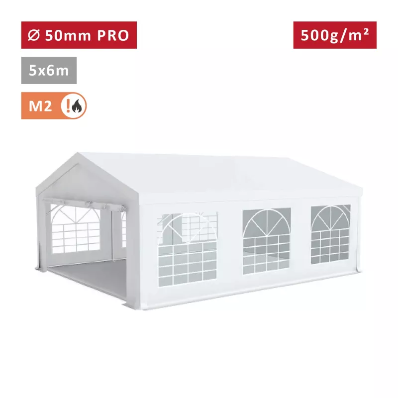 Tente de réception PRO 5x6m, PVC 500g/m², tubes 50mm, blanc ignifugé M2 – chapiteau résistant pour événements extérieurs