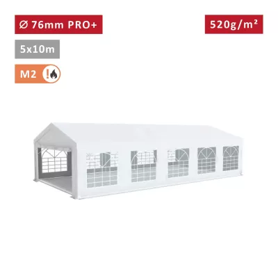 Tente Barnum Pro+ 5x10m, PVC 520g/m², tubes 76mm, blanc ignifugé M2