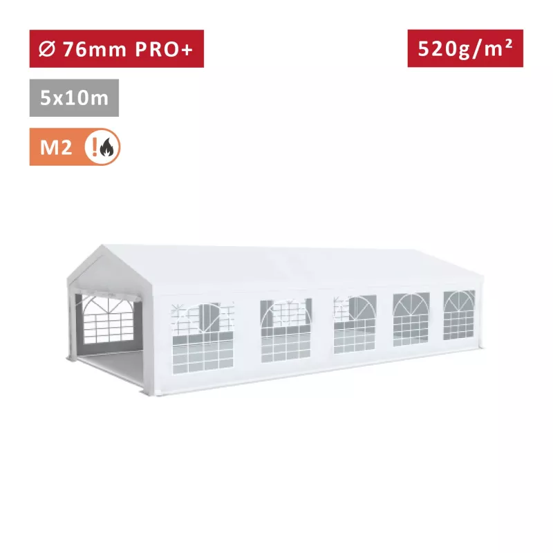 Tente Barnum Pro+ 5x10m, PVC 520g/m², tubes 76mm, blanc ignifugé M2