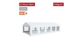 Tente Barnum Pro+ 5x10m, PVC 520g/m², tubes 76mm, blanc ignifugé M2
