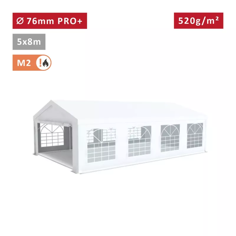Tente Barnum Pro+ 5x8m, PVC 520g/m², tubes 76mm, blanc ignifugé M2