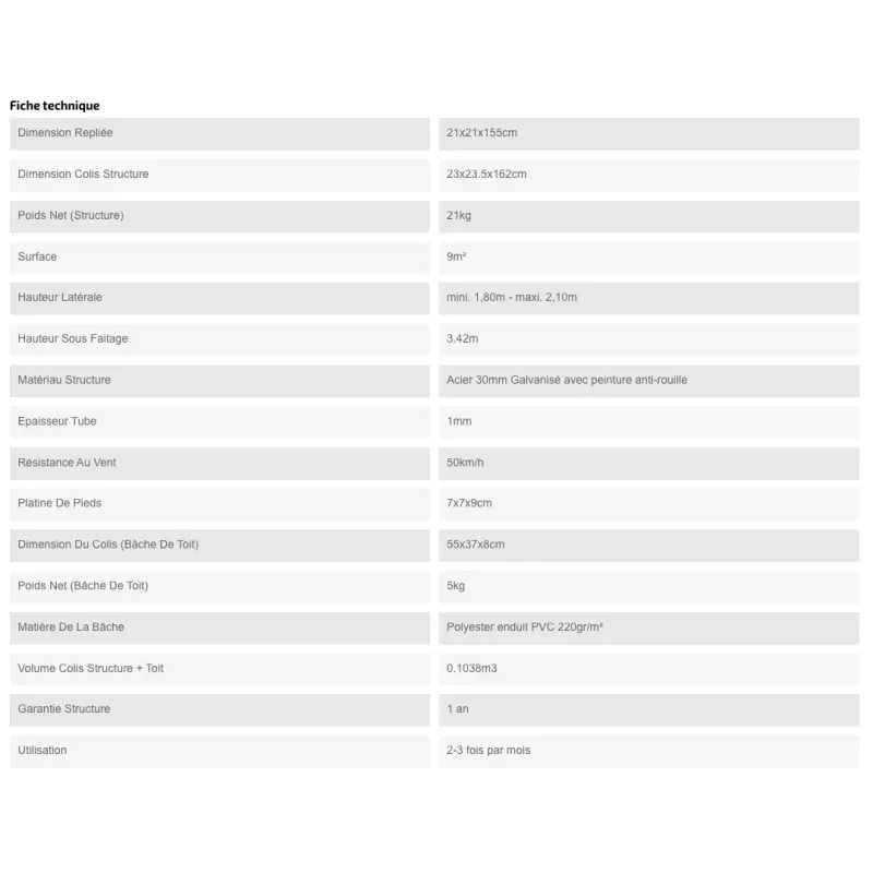 Barnum Acier premium 32 mm 3X3m - toit polyester pvc 450 g/m2